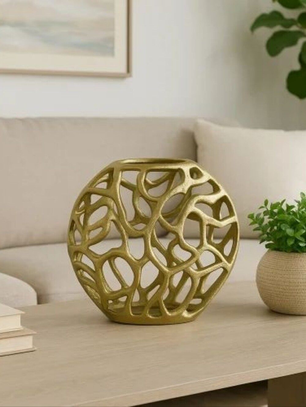 Gold Aluminum Abstract Openwork Vase Intertwined Branch Design Made in India